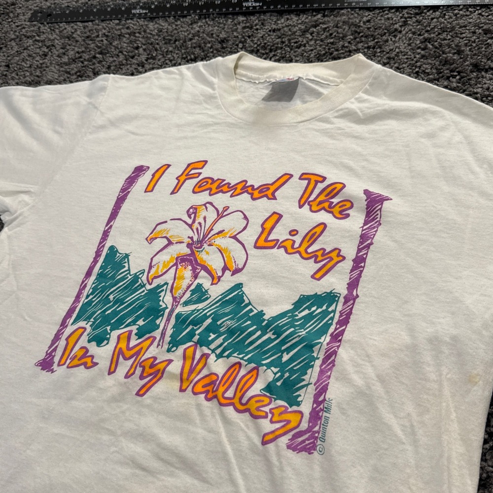 Vintage Hanes T-Shirt Mens White Good I Found The Lily In My Valley Graphic L